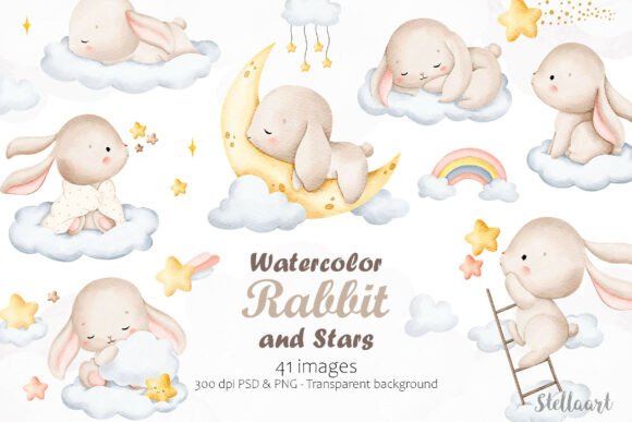 Download Watercolor Rabbits and Stars - Rabbits Collection