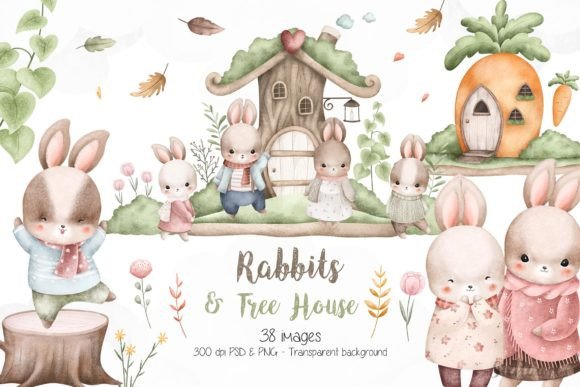 Download Watercolor Rabbits and Tree House - Rabbits Collection