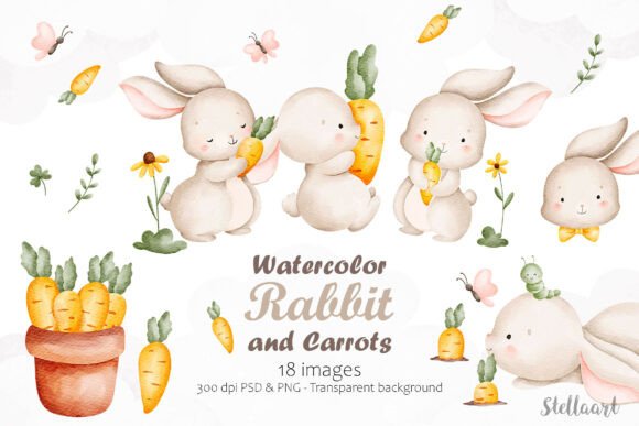 Download Watercolor Rabbits and Carrot - Rabbits Collection