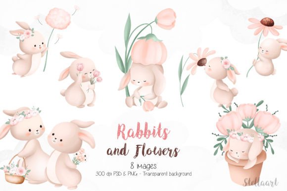 Download Rabbits and Flowers Watercolor Clipart - Rabbits Collection