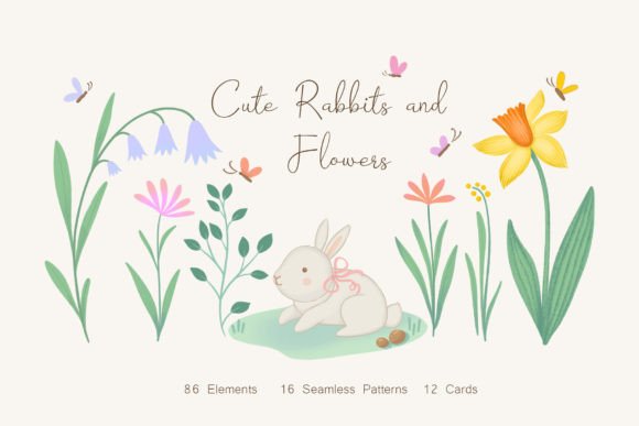 Download Cute Rabbits and Flowers Illustrations - Rabbits Collection